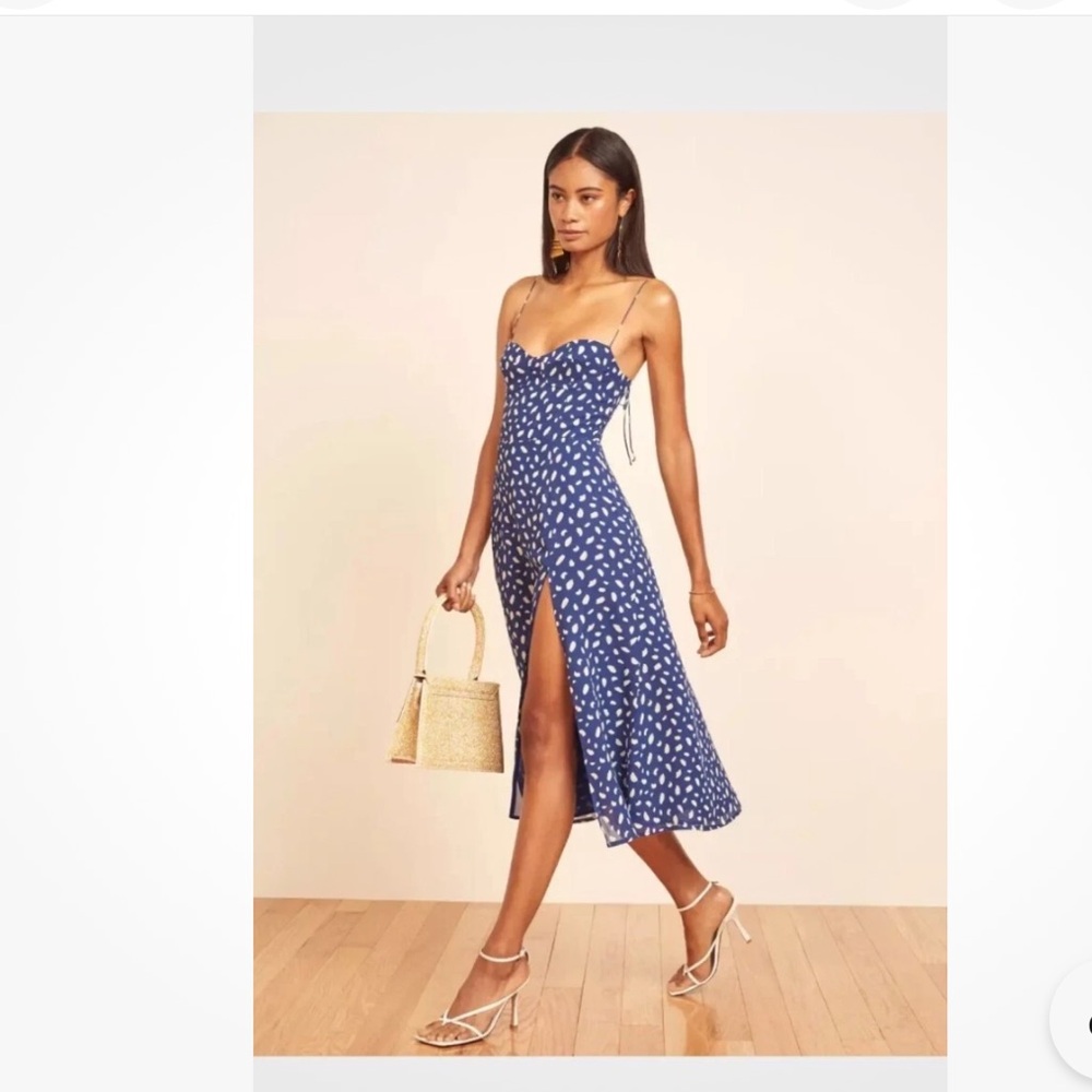 Reformation Juliette Midi Dress Moray Blue Spotted Dress Size 2 Women’s - Picture 2 of 15